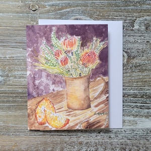 Pintura de flores em vaso, cartão de flores silvestres, pintura de flores, cartão em branco dentro, buquê de flores, arte floral, "I Can Smell the Oranges"