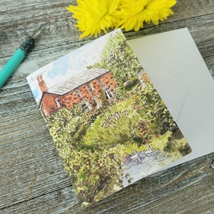Carte de voeux cottage anglais – aquarelle de paysage de campagne – carte pour notes vierge à l'intérieur d'une ferme – papeterie scène de jardin