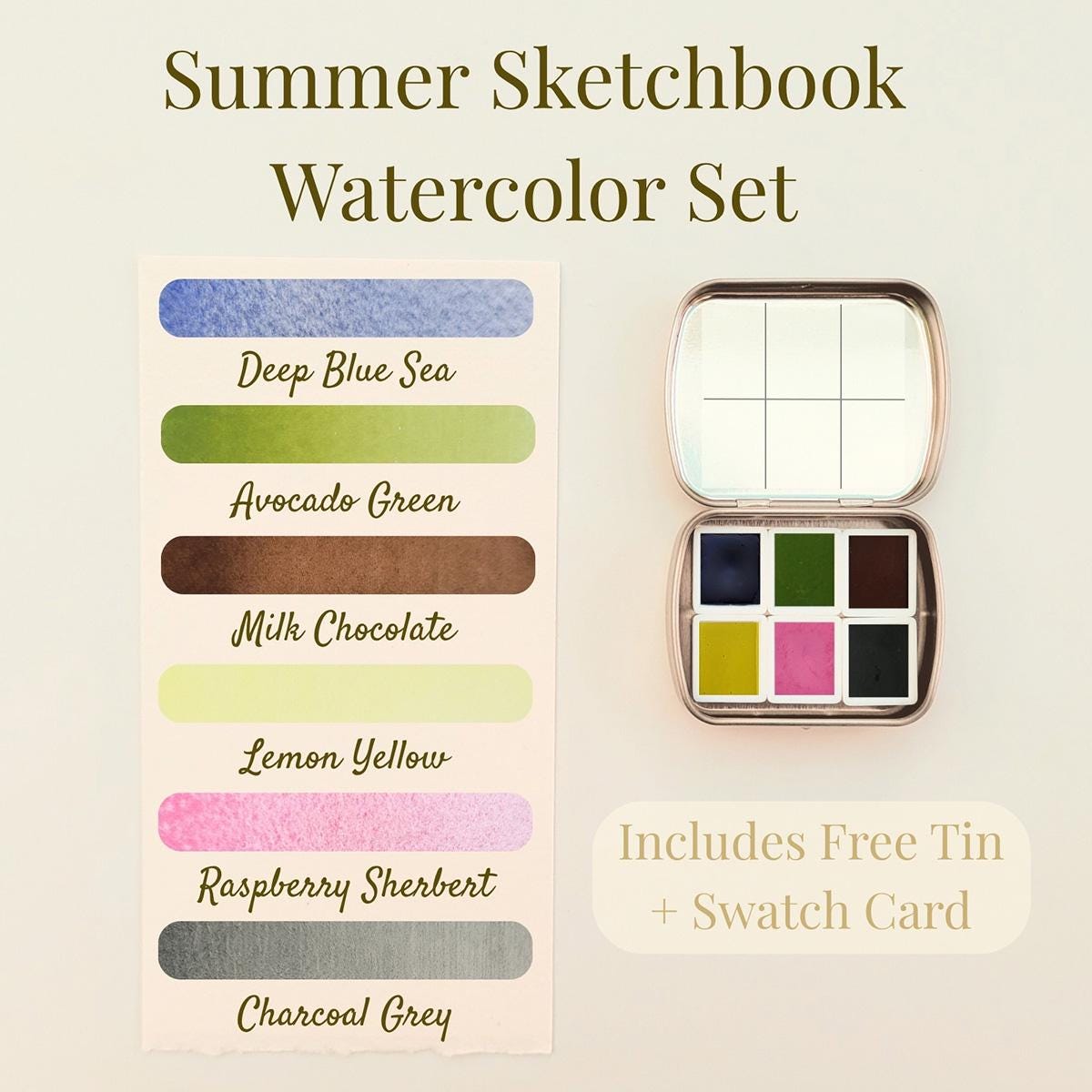 Summer Watercolor Set – 6 Handmade Paints in Free Tin | Travel Art Palette, Plein Air Sketching, Artist Gift, Nature Colors | Sredna Art