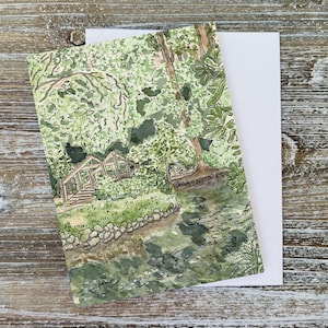 Woodland Watercolor Greeting Card – Blank Nature Card with Bridge, Lush Trees, Reflected Stream, Peaceful Garden Scenery, Forest Art