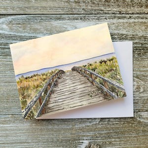 Carte de voeux faite main, carte plages océan, carte de correspondance vierge à l'intérieur, art de plage d'été, « At The End is a New Beginning » par Sredna Kunowski