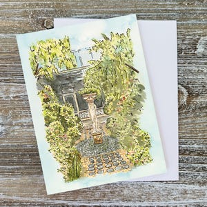 Pintura de jardim de escultura, cartão de jardim, cartão em branco dentro, estátua, pintura de cenário, arte em aquarela, estufa, cartão de natureza, caminho de jardim