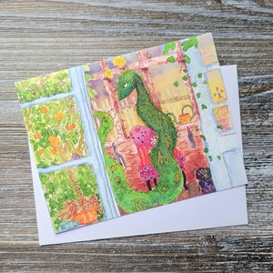 Carte de voeux dragon de jardin, cartes aquarelles fantaisistes, vierge à l'intérieur de taille A2, art dragon vert de la peinture originale, « Dragon de jardin »