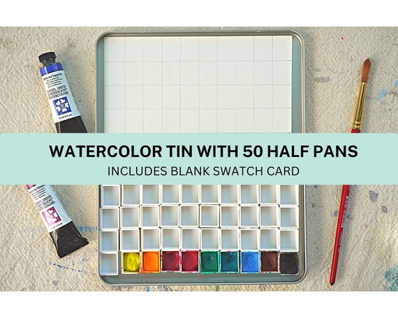 Medium Empty Watercolor Tin WITH 50 Magnetized Plastic Half Pans Watercolor  Palette Pan Watercolor Case Travel Watercolor Tin 