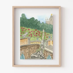 Pittura di giardino primaverile, pittura ad acquerello, arte fiabesca, arte fantasy, arte 5 x 7, "La bella e la bestia - Nel cortile" di Sredna Kunowski