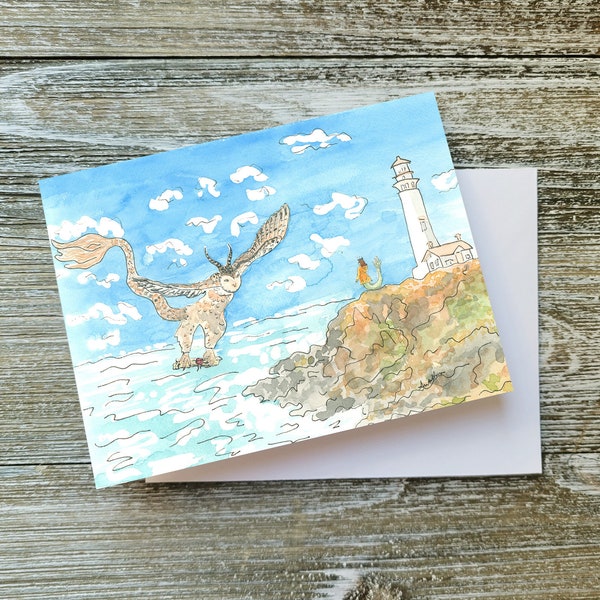 Owl & Mermaid Fantasy Art,Fantasy Greeting Card,Lighthouse Watercolor Painting,Whimsical Art, "Meet me by the lighthouse" by Sredna Kunowski