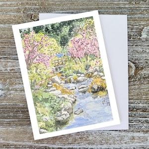Spring Garden Bridge Watercolor Card – Handmade A2 Fine Art Greeting Card – Blank Nature Note – From Original Painting – Fine Art