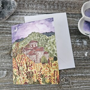 Carte de voeux tirée d'une impression d'art originale - aquarelle château - art aquarelle château - carte de voeux automne automne - carte de voeux lune