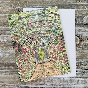 Carte de voeux faite main - Carte aquarelle Roseraie arche - Carte beaux-arts A2 - Carte de correspondance vierge - De la peinture originale - Art de la nature