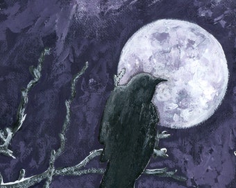 The Raven Art Print, Edgar Allen Poe Painting, Crow Watercolor Print, Raven Decor, Crow Painting, Fantasy Art Print, Witch Decor, Black Bird