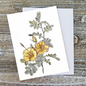 Cartão de felicitações feito à mão, cartão de flores silvestres, pintura de flores, cartão em branco dentro, arte floral amarela, "Flores botânicas nº 4" por Sredna Kunowski