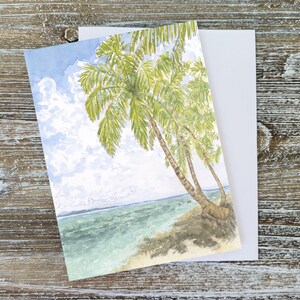 Carte de voeux faite main, carte plages océan, peinture de palmiers, carte de correspondance vierge à l'intérieur, art de plage d'été, « plages #1 » par Sredna Kunowski