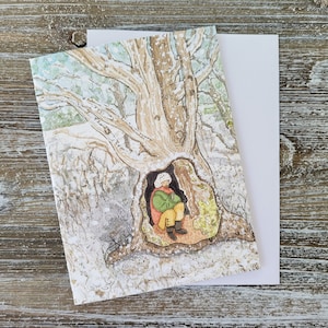 Carte de voeux arbre paysage d'hiver, lapin enneigé dans les bois, carte de voeux art fantastique, arbre sanctifié La Belle et la bête par Sredna Kunowski