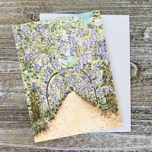 Carte de jardin de glycines faite main - Carte pour lettres d'art aquarelle avec tonnelle, treillis et fleurs - Carte de voeux botanique vierge - Carte nature A2