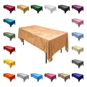 May include: A collection of 20 rectangular velvet tablecloths in various colors, including red, green, blue, gold, and white. The tablecloths are displayed on a white background.