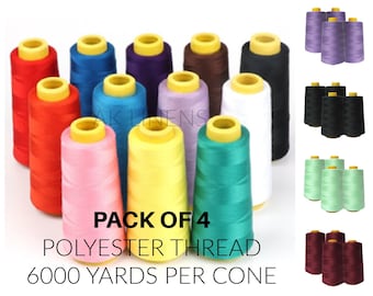 4-Pack All Purpose Sewing Thread Cones (6000 Yards Each) for Sewing, Serger Machines, Quilting, Overlock, Merrow and Hand Embroidery