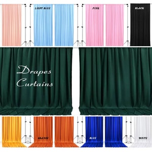 May include: A set of 10 backdrop curtains in various colors, including peach, light blue, pink, black, green, gold, orange, blue, white. The curtains are hung on stands and are labeled with their color names. The text "Drapes Curtains" is printed in the center of the image.