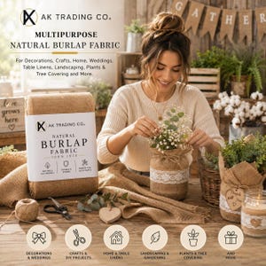May include: A roll of natural burlap fabric labeled AK Trading Co. Multipurpose Natural Burlap Fabric 100% Jute. The packaging includes text describing uses for decorations, crafts, home, weddings, table linens, landscaping, plants, and tree covering.