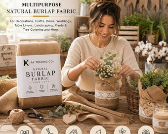 May include: A roll of natural burlap fabric labeled AK Trading Co. Multipurpose Natural Burlap Fabric 100% Jute. The packaging includes text describing uses for decorations, crafts, home, weddings, table linens, landscaping, plants, and tree covering.