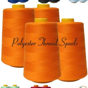 May include: Four packs of polyester thread spools in various colors, including orange, red, lime green, black, light blue, and royal blue. The spools are labeled with the color name and "Polyester Thread Spools".