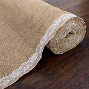 40" Wide Natural Burlap Wedding Aisle Runner with Ivory Lace