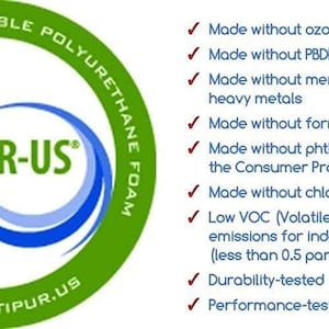 以下が含まれることがあります： 緑と青のCertiPUR-US認定ロゴ。テキストには「認定された柔軟なポリウレタンフォームが含まれています」と「www.certipur.us」と記載されています。ロゴは緑色の円形に囲まれており、その横に白いチェックマークが付けられています。チェックマークの隣には、「オゾン層破壊物質を使用していません」、「PBDE系難燃剤を使用していません」、「水銀、鉛、その他の重金属を使用していません」、「ホルムアルデヒドを使用していません」、「米国消費者製品安全委員会が規制するフタル酸エステルを使用していません」、「フロンを使用していません」、「室内空気質のための低VOC（揮発性有機化合物）排出量（100万分の0.5未満）」、「耐久性試験済み」、「性能試験済み」と記載されています。