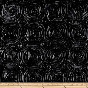54-Inch Wide Premium Satin Rosette 3D Rose Design Ribbon Fabric For Weddings Tablecloths, Table Runners, Photography Backdrops Satin | Black