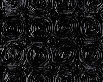 54-Inch Wide Premium Satin Rosette 3D Rose Design Ribbon Fabric For Weddings Tablecloths, Table Runners, Photography Backdrops Satin | Black