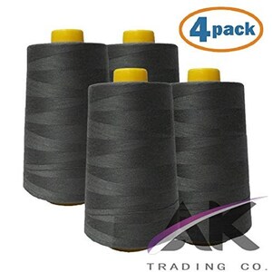 May include: Four spools of dark gray sewing thread with yellow tops. The spools are labeled "4 pack".