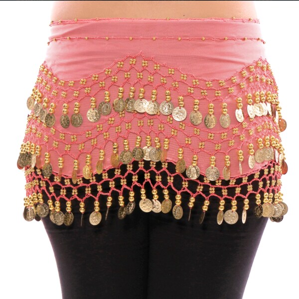 Coral Belly Dance Hip Scarf, Hand Made Belly Dancing Skirt Coin Sash Costume with Silver or Gold Coins - Free Shipping!