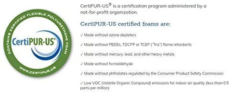 May include: A green and white logo with the text "CertiPUR-US" inside a circle. The text "CertiPUR-US certified foams are:" is below the logo. The text below the heading lists the certifications for the foam, including "Mode without ozone depleters", "Mode without PBDES, TOCPP or TCEP ("Tris") flame retardants", "Mode without mercury, lead, and other heavy metals", "Mode without formaldehyde", "Made without phthalates regulated by the Consumer Product Safety Commission", and "Low VOC (Volatile Organic Compound) emissions for indoor air quality (less than 0.5 parts per million)".