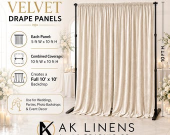 May include: A set of two cream-colored velvet drape panels measuring 5 ft wide by 10 ft high each, creating a 10 ft by 10 ft backdrop. The text reads Set of 2 Velvet Drape Panels, AK Linens by AK Trading Co., and Backdrop Stand NOT INCLUDED.