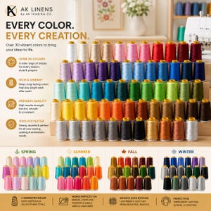 May include: A collection of polyester sewing thread spools in over 30 vibrant colors, arranged in rows on tiered shelves. The image includes text: AK LINENS EVERY COLOR. EVERY CREATION. Over 30 vibrant colors to bring your ideas to life.