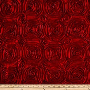 54-Inch Wide Premium Satin Rosette 3D Rose Design Ribbon Fabric For Weddings Tablecloths, Table Runners, Photography Backdrops Satin | Red