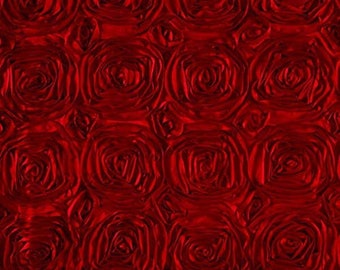 54-Inch Wide Premium Satin Rosette 3D Rose Design Ribbon Fabric For Weddings Tablecloths, Table Runners, Photography Backdrops Satin | Red