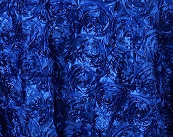 54-Inch Wide Premium Satin Rosette 3D Rose Design Ribbon Fabric For Weddings Tablecloths, Table Runners, Photography Backdrops | Royal Blue