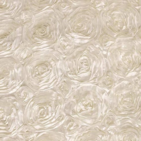 54-Inch Wide Premium Satin Rosette 3D Rose Design Ribbon Fabric For Weddings Tablecloths, Table Runners, Photography Backdrops Satin | Ivory