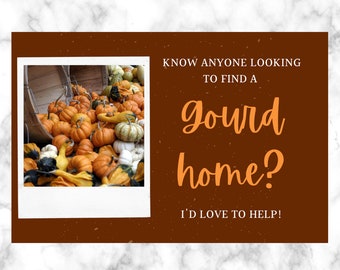 May include: A photograph of a pile of gourds in various shapes, sizes, and colors, including orange, yellow, and white. The gourds are spilling out of a wooden basket. The text "KNOW ANYONE LOOKING TO FIND A gourd home? I'D LOVE TO HELP!" is written on a brown background.