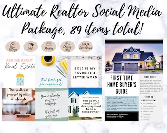 Puede incluir: Un collage de imágenes que promocionan servicios inmobiliarios. Las imágenes muestran casas, tazas de café y texto como "Pregúntame sobre bienes raíces", "Vendido es mi palabra favorita de 4 letras" y "Guía para compradores de vivienda por primera vez".