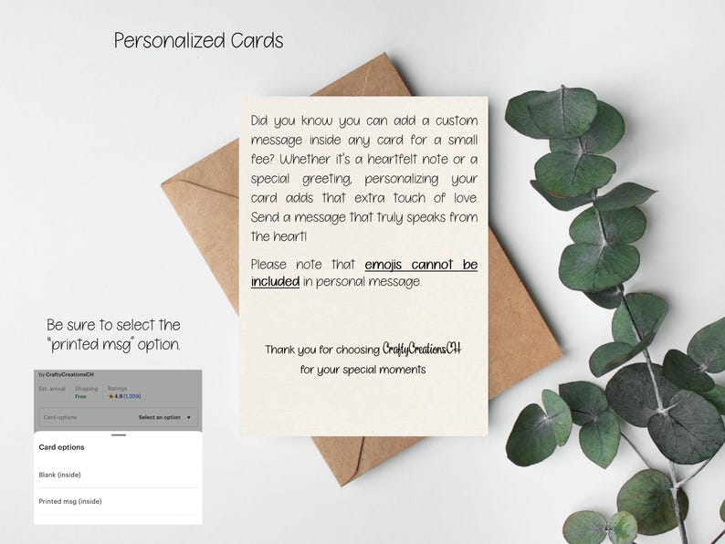May include: A white card with text on a brown envelope, with the words "Personalized Cards" at the top. The card includes information about adding a custom message. A sprig of green leaves is on the right side.