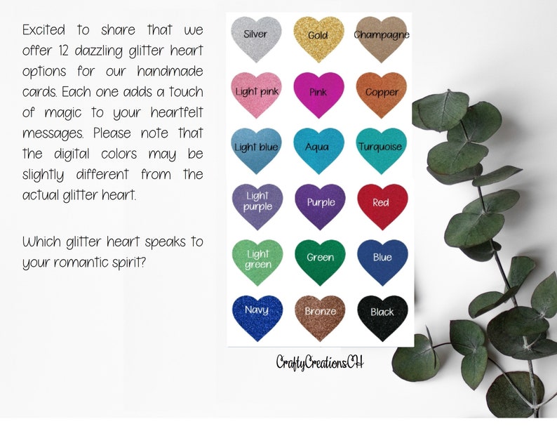 May include: A display of 12 glitter heart options in various colors, including silver, gold, pink, blue, and green. The text on the image reads, "Which glitter heart speaks to your romantic spirit?" and "CraftyCreationsCH."