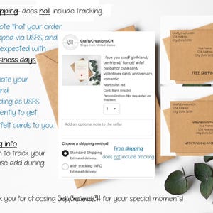 May include: A brown envelope with the text "Free shipping - does not include tracking." and "I appreciate your patience and understanding as USPS works diligently to get your heartfelt cards to you."  The envelope is next to a white card with the text "I love you card/girlfriend/boyfriend/fianc&eacute;/wife/husband/cute card/valentines card/anniversary. romantic" and "Heart color: red Card: Blank (inside) Personalization: Not requested on this item."