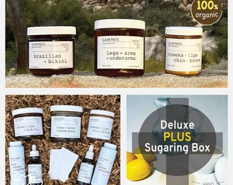 Deluxe Plus Sugaring Box mit allem für 6 Monate natürliche Haarentfernung | Peeling | Hautpflege | 100 % biologisch | Videos | Kostenloser Versand