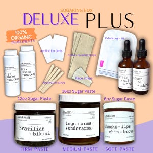 Deluxe Plus Sugaring Box with Everything For 6 Months Of Natural Hair Removal | Exfoliating | Skincare | 100% Organic | Videos | Ship Free