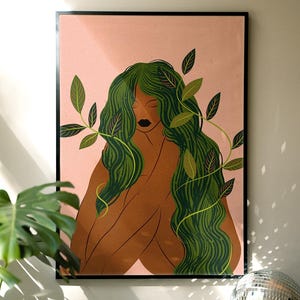 Lámina artística de mujer botánica: ilustración femenina de cabello verde, decoración inspirada en la naturaleza.