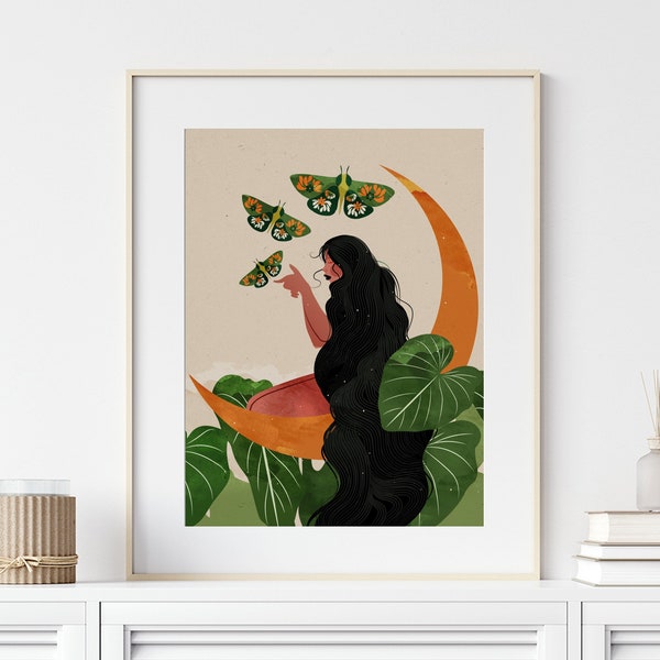 Moon Goddess Art Print, Plant Lover Gift, Plant Mom Art, Gift For Her