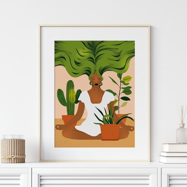 Gifts for Mom print,  Mothers Day Gifts, Girl Meditating with Plants Wall Art Print, Yoga Woman Art, Boho Girl Print, Mystical