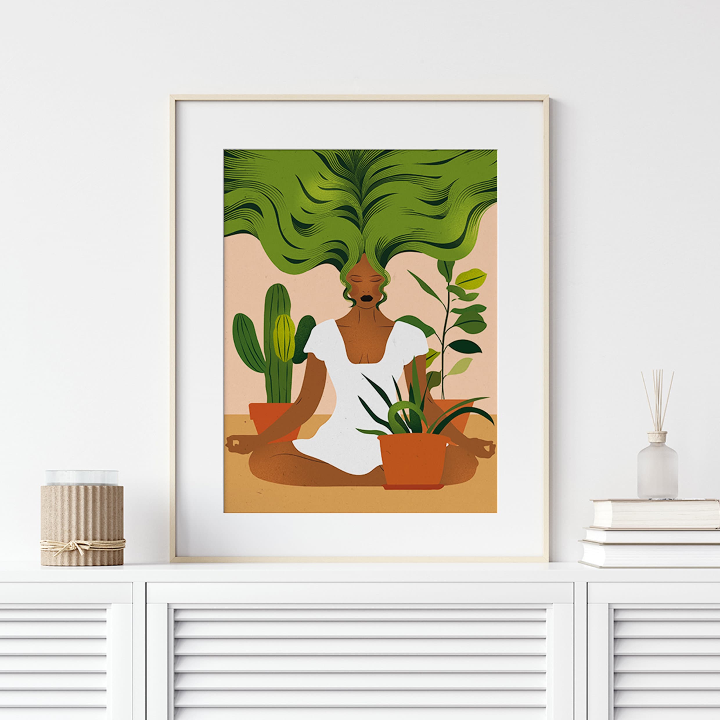 Fille Méditant avec L'impression d'art de Mur Plantes, Art Femme Yoga, Impression Fille Boho, Mystiq