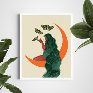 Moon Girl Art Print, Plant Lover Gift, Plant Mom Art, Gift For Her
