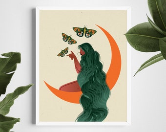 Moon Girl Art Print, Plant Lover Gift, Plant Mom Art, Gift For Her